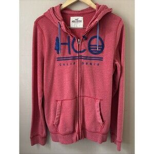 Hollister Men’s Red Blue Zip Up Hoodie Jacket Size Large Y2K Vintage Style